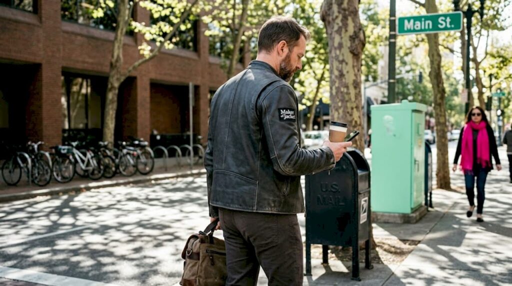 Man wearing branded jacket commuting in city