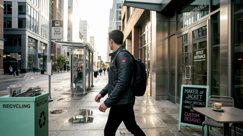 Professional wearing themed jacket on city sidewalk