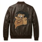 Back view of Barney Rubble Brown Leather Bomber Jacket featuring large cartoon patch of Barney Rubble's smiling face.