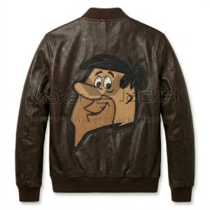 Back view of Barney Rubble Brown Leather Bomber Jacket featuring large cartoon patch of Barney Rubble's smiling face.