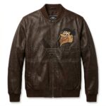 Front view of Barney Rubble Brown Leather Bomber Jacket featuring a cartoon patch of Barney Rubble's face on the left chest.