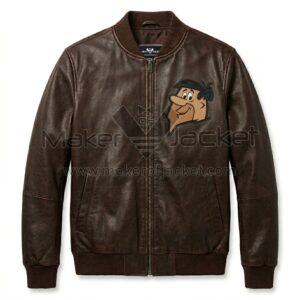 Front view of Barney Rubble Brown Leather Bomber Jacket featuring a cartoon patch of Barney Rubble's face on the left chest.