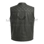 Back View of Black Biker Leather Vest featuring diamond-quilted upper yoke and vertical panel stitching.
