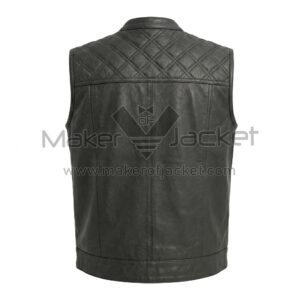Back View of Black Biker Leather Vest featuring diamond-quilted upper yoke and vertical panel stitching.