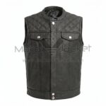 Front view of Black Biker Leather Vest featuring a diamond-quilted yoke, snap buttons, two chest flap pockets, and a Mandarin collar with MAKER OF JACKET label
