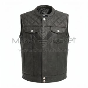 Front view of Black Biker Leather Vest featuring a diamond-quilted yoke, snap buttons, two chest flap pockets, and a Mandarin collar with MAKER OF JACKET label