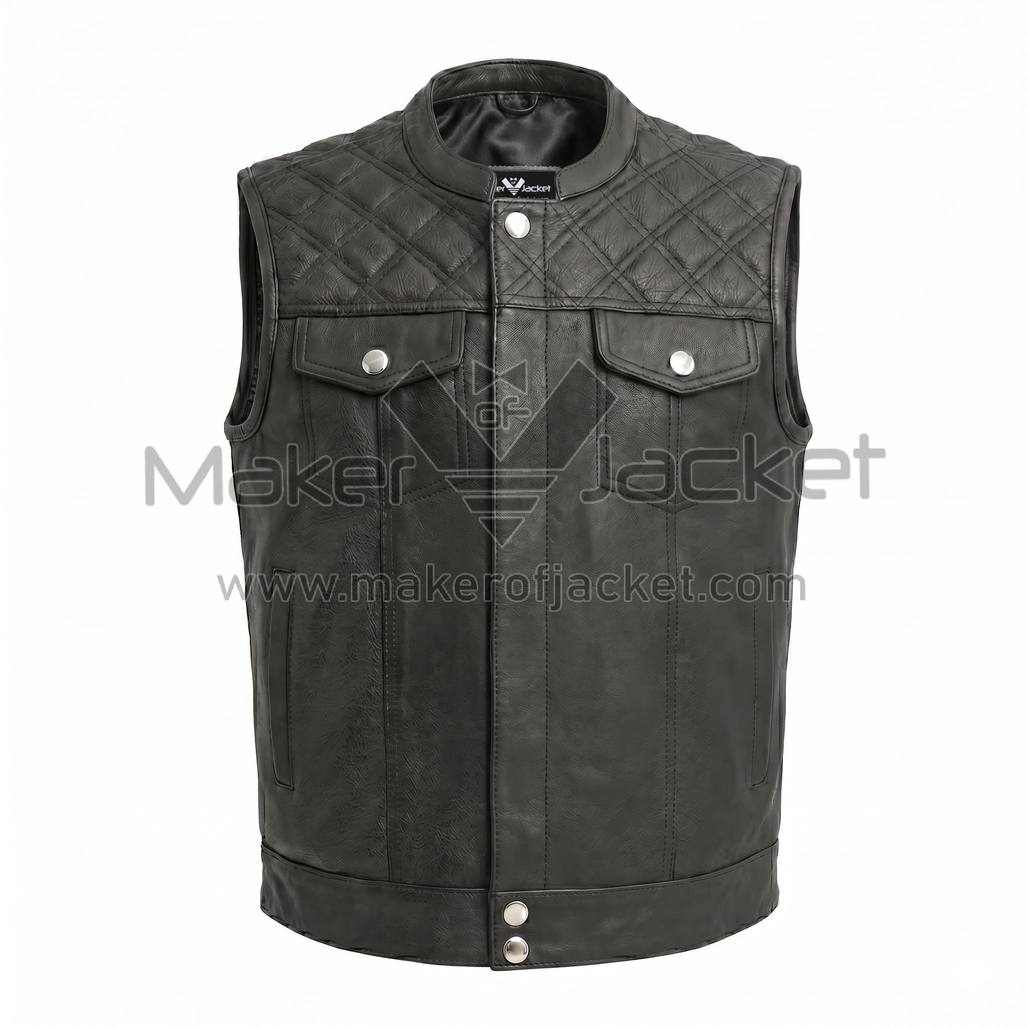 Black Biker Leather Vest with Quilted Shoulders Front Front view of Black Biker Leather Vest featuring a diamond-quilted yoke, snap buttons, two chest flap pockets, and a Mandarin collar with MAKER OF JACKET label