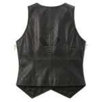Back view of Black Classic Button Down Leather Vest featuring a vertical center seam, curved princess seams for a tailored fit, and a pointed double-peak hem.