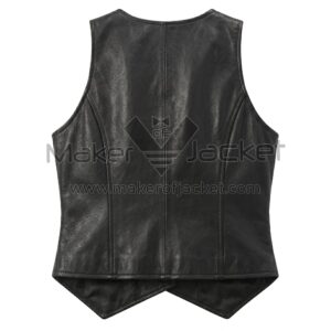 Back view of Black Classic Button Down Leather Vest featuring a vertical center seam, curved princess seams for a tailored fit, and a pointed double-peak hem.