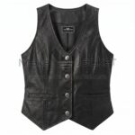 Front view of Black Classic Button Down Leather Vest featuring a deep V-neck, four silver buttons, two welt pockets, and a pointed waistcoat-style hem.