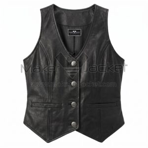 Front view of Black Classic Button Down Leather Vest featuring a deep V-neck, four silver buttons, two welt pockets, and a pointed waistcoat-style hem.