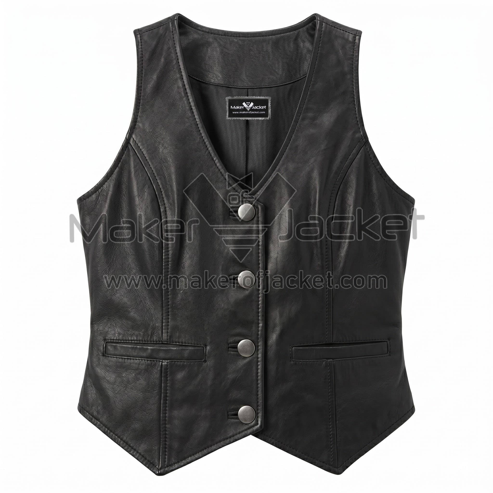 Black Classic Button Down Leather Vest Front Front view of Black Classic Button Down Leather Vest featuring a deep V-neck, four silver buttons, two welt pockets, and a pointed waistcoat-style hem.