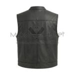 Front view of Black Concealed Snap Biker Leather Vest featuring a Mandarin collar, silver snap buttons, two flap chest pockets, and two side slit pockets against a white background.