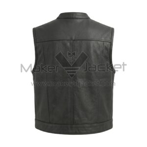 Front view of Black Concealed Snap Biker Leather Vest featuring a Mandarin collar, silver snap buttons, two flap chest pockets, and two side slit pockets against a white background.