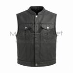 Front view of Black Concealed Snap Biker Leather Vest featuring a Mandarin collar, silver snap buttons, two flap chest pockets, and two side slit pockets against a white background.