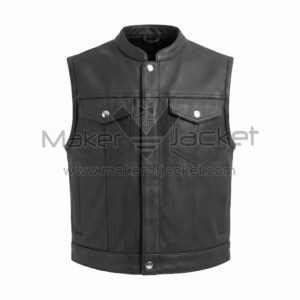 Front view of Black Concealed Snap Biker Leather Vest featuring a Mandarin collar, silver snap buttons, two flap chest pockets, and two side slit pockets against a white background.