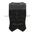 Back view of Black Cotton and Leather Button Down Western Vest featuring leather yoke, vertical tailored seams, and a buckled cinch strap across the lower back.