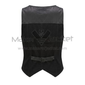 Back view of Black Cotton and Leather Button Down Western Vest featuring leather yoke, vertical tailored seams, and a buckled cinch strap across the lower back.