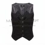 Front view of Black Cotton and Leather Button Down Western Vest featuring a V-neckline, five charcoal buttons, and contrasting smooth leather panels on the shoulders with Maker Of Jacket brand label