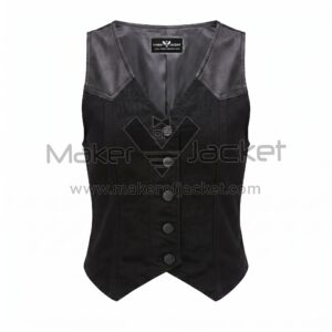 Front view of Black Cotton and Leather Button Down Western Vest featuring a V-neckline, five charcoal buttons, and contrasting smooth leather panels on the shoulders with Maker Of Jacket brand label
