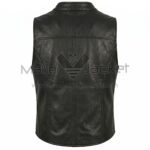 Back view of Black Horseshoe Studded Buckle Leather Vest featuring a straight back yoke, vertical center seam, and curved princess seams for a tailored fit.
