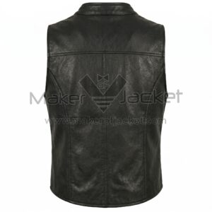 Back view of Black Horseshoe Studded Buckle Leather Vest featuring a straight back yoke, vertical center seam, and curved princess seams for a tailored fit.