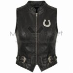 Front view of Black Horseshoe Studded Buckle Leather Vest featuring a standing collar, front zipper, silver studded horseshoe on the chest, and two ornate waist buckles.