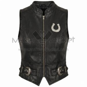 Front view of Black Horseshoe Studded Buckle Leather Vest featuring a standing collar, front zipper, silver studded horseshoe on the chest, and two ornate waist buckles.
