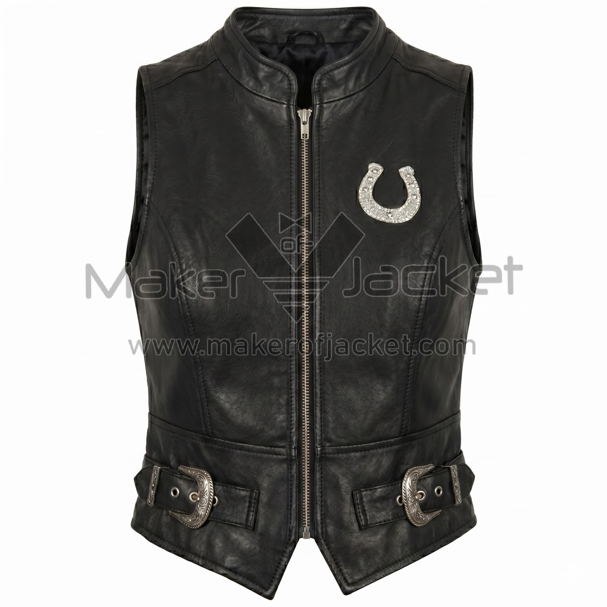 Black Horseshoe Studded Buckle Leather Vest Front Front view of Black Horseshoe Studded Buckle Leather Vest featuring a standing collar, front zipper, silver studded horseshoe on the chest, and two ornate waist buckles.