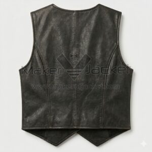 Back view of Black Leather Vest featuring a center seam, two curved princess seams for tailoring, and a pointed, waistcoat-style hem.