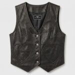 Front view of Black Leather Vest features of V-neckline, four silver buttons, and two prominent heart-shaped patch pockets on the front with MAKER OF JACKET brand label.