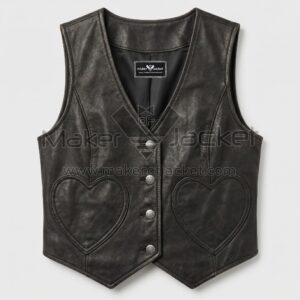 Front view of Black Leather Vest features of V-neckline, four silver buttons, and two prominent heart-shaped patch pockets on the front with MAKER OF JACKET brand label.