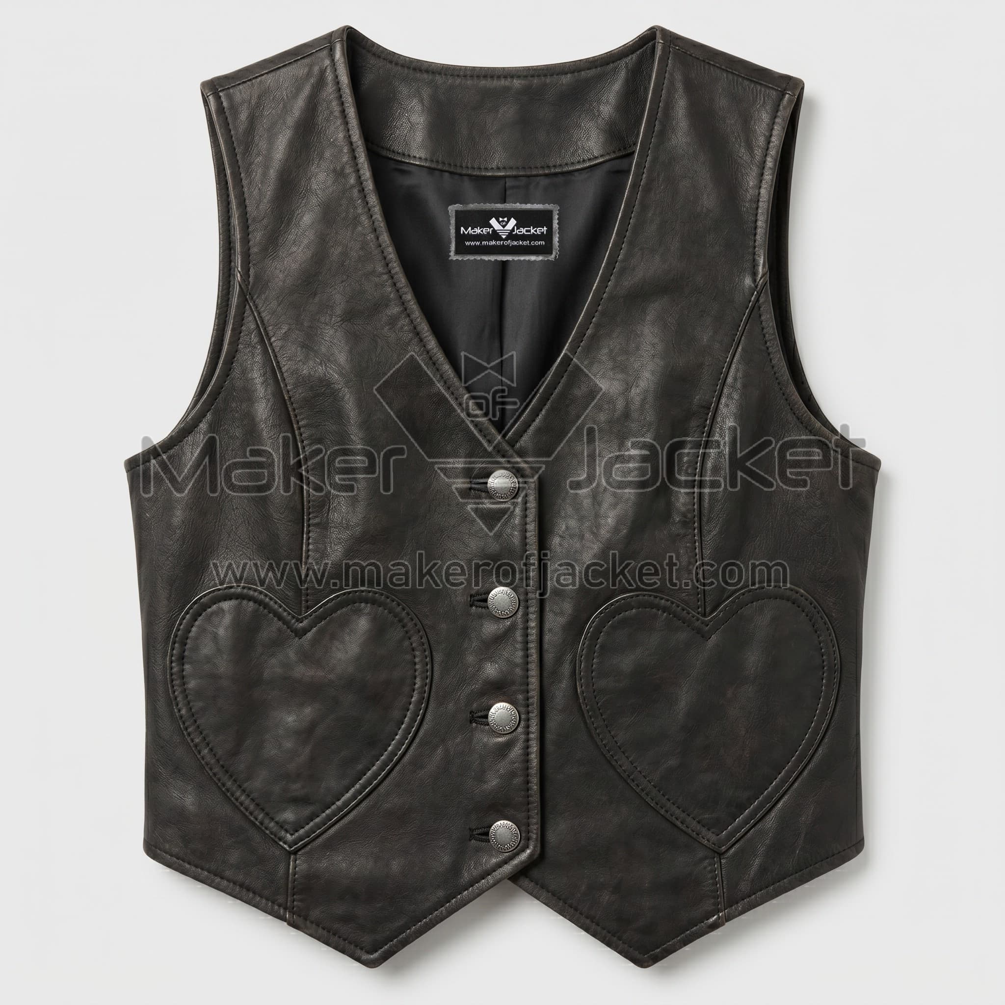 Black Leather Vest with Heart Shaped Pockets Front Front view of Black Leather Vest features of V-neckline, four silver buttons, and two prominent heart-shaped patch pockets on the front with MAKER OF JACKET brand label.