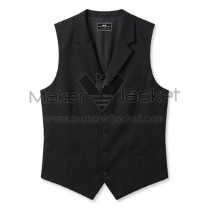 Front view of Black Notched Lapel Cotton Vest featuring notched lapels, five front buttons, one chest welt pocket, and two waist pockets, a pointed hemline with Maker Of Jacket brand label.