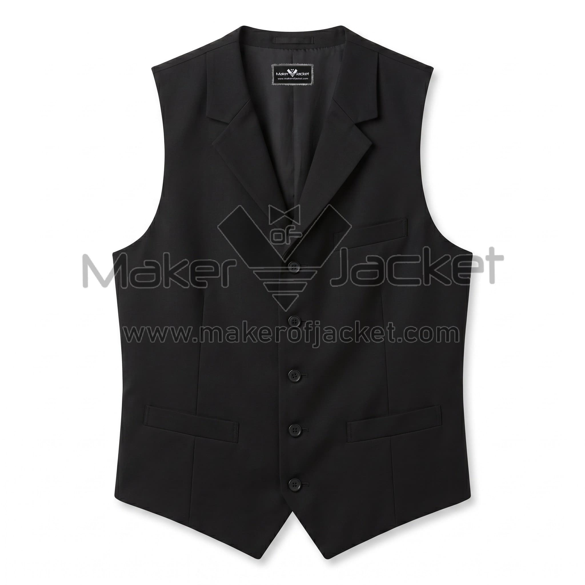 Black Notched Lapel Cotton Vest Front Front view of Black Notched Lapel Cotton Vest featuring notched lapels, five front buttons, one chest welt pocket, and two waist pockets, a pointed hemline with Maker Of Jacket brand label.