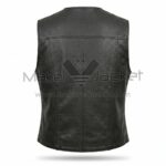 Back View of Black Perforated Motorcycle Black Leather Vest featuring a horizontal shoulder yoke and vertical panel stitching on a white background.