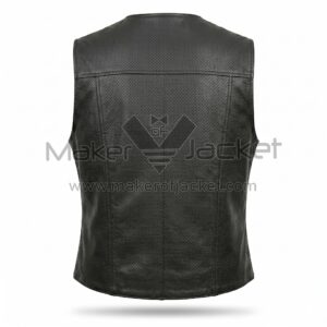Back View of Black Perforated Motorcycle Black Leather Vest featuring a horizontal shoulder yoke and vertical panel stitching on a white background.