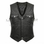 Front view of Black Perforated Motorcycle Black Leather Vest featuring V-neck, snap-button closure, and two flap chest pockets with MAKER OF JACKET label