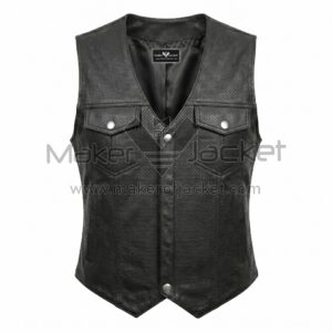 Front view of Black Perforated Motorcycle Black Leather Vest featuring V-neck, snap-button closure, and two flap chest pockets with MAKER OF JACKET label