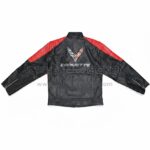 Back View Of Corvette C8 Block Leather Jacket Featuring Corvette Logo and CORVETTE Text Design.