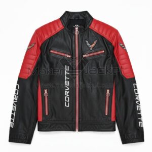 Front View Of Corvette C8 Block Leather Jacket Cowhide Leather Jacket with Corvette Logo and Zipper Pockets.