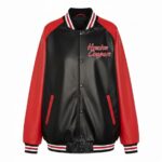 Black Red Houston Cougars Leather Varsity Jacket front view with snap closure, rib-knit trims, and Houston Cougars chest logo.