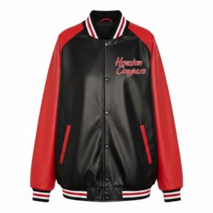 Black Red Houston Cougars Leather Varsity Jacket front view with snap closure, rib-knit trims, and Houston Cougars chest logo.