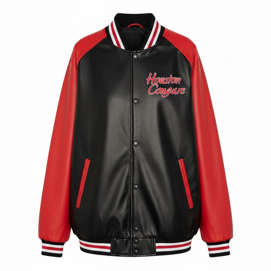 Black-Red-Houston-Cougars-Leather-Varsity-Jacket-1 Black Red Houston Cougars Leather Varsity Jacket front view with snap closure, rib-knit trims, and Houston Cougars chest logo.