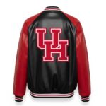 Black Red Houston Cougars Leather Varsity Jacket back view with bold Houston Cougars logo on black and red leather.