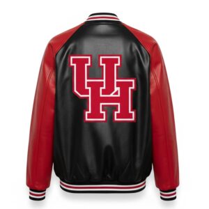 Black Red Houston Cougars Leather Varsity Jacket back view with bold Houston Cougars logo on black and red leather.