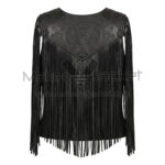 Back view of Black Studded Fringe Leather Vest featuring a V-shaped yoke decorated with an intricate, symmetrical pattern of silver studs.