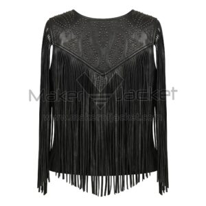 Back view of Black Studded Fringe Leather Vest featuring a V-shaped yoke decorated with an intricate, symmetrical pattern of silver studs.