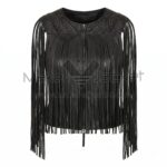 Front view of Black Studded Fringe Leather Vest featuring heavy fringe along the torso and shoulders, plus intricate silver studding on the yoke.