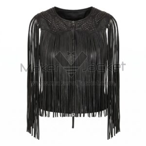 Front view of Black Studded Fringe Leather Vest featuring heavy fringe along the torso and shoulders, plus intricate silver studding on the yoke.